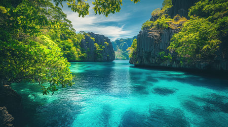 Discover a breathtaking tropical landscape featuring crystal clear waters, vibrant greenery, and stunning rock formations under a blue sky, ideal for relaxation and exploration.の素材