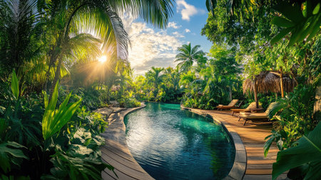 Experience the beauty of a tropical oasis with a stunning poolside view, surrounded by lush greenery and illuminated by the warm glow of sunlight, inviting relaxation and serenity.の素材