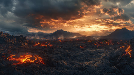 Experience the raw beauty of a volcanic landscape at sunset, showcasing flowing lava, towering mountains, and a dramatic sky that captures nature's fierce power and artistry.の素材