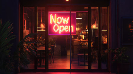 A lively restaurant entrance featuring a glowing "Now Open" neon sign, surrounded by modern decor and inviting ambiance, ready to welcome diners for a delightful experience.の素材