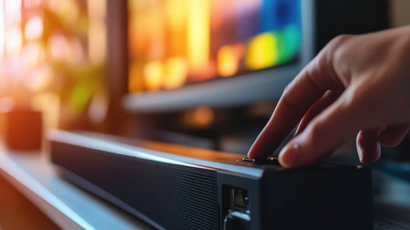 A close-up view of a hand adjusting a soundbar, enhancing audio in a cozy living room. The vibrant TV display in the background creates a warm entertainment atmosphere.の素材