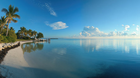 A beautiful coastal landscape showcasing tranquil waters, lush palm trees, and a stunning blue sky, perfect for those seeking peace and natural beauty in a tropical getaway.の素材