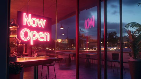Vibrant "Now Open" neon sign illuminates a modern cafe during dusk, showcasing an inviting environment perfect for enjoying a relaxing evening with friends.の素材