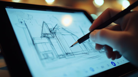 A close-up view of a hand holding a stylus as it creates an architectural sketch on a tablet, highlighting the fusion of technology and creativity in modern design.の素材