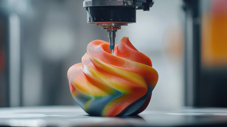 This image features a vibrant abstract sculpture in the midst of a 3D printing process, highlighting modern technology and artistic creativity in a contemporary studio setting.の素材