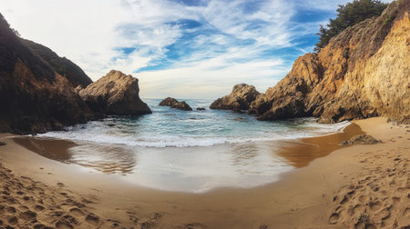 A tranquil coastal scene featuring gentle waves at a sandy beach embraced by stunning rocky formations, creating a perfect getaway for nature lovers and adventurers.の素材
