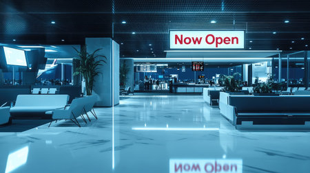 A stunning view of a modern airport terminal showcasing a bright 'Now Open' sign, seating areas, and digital information displays under soft evening lighting.の素材