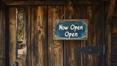 A charming rustic wooden door features a handmade "Now Open" sign, creating an inviting atmosphere ideal for shops and small businesses nestled in natural surroundings.の素材