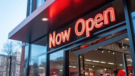 A vibrant neon sign reading "Now Open" illuminates the entrance of a new store, inviting shoppers into a modern retail environment filled with excitement and fresh offerings.の素材