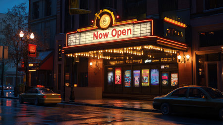 A vivid theater sign brightly lights up a wet street at night, showcasing movie posters while vehicles park nearby, creating a lively urban atmosphere.の素材