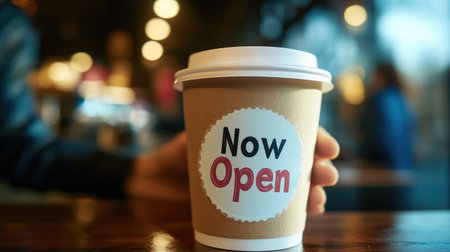 A beautifully crafted paper cup labeled "Now Open" invites coffee enthusiasts to enjoy a delicious hot beverage in a warm, inviting cafe environment.の素材