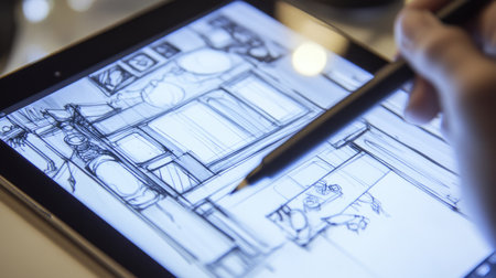 A close-up of a hand holding a stylus on a tablet screen, illustrating a digital sketch. The workspace is bright, showcasing creativity and modern design tools.の素材