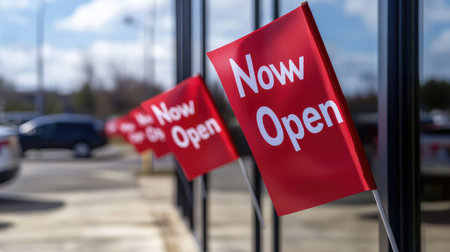Bright red flags displaying 'Now Open' invite customers to enter the retail store, enhancing visibility and creating an inviting atmosphere on a sunny day.の素材