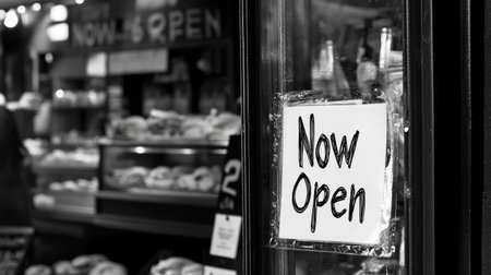 Charming black and white photograph of a "Now Open" sign prominently displayed in a shop window, inviting customers to step inside and enjoy the vibrant atmosphere of the storefront.の素材