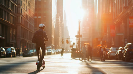 A dynamic scene capturing a commuter riding an electric scooter during sunset amidst towering skyscrapers and bustling city streets, showcasing modern urban life.の素材