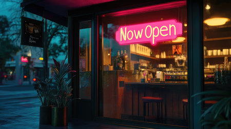 A vibrant neon "Now Open" sign lights up the exterior of a modern bar, inviting patrons to unwind and socialize in a cozy atmosphere at dusk. Perfect for nightlife themes.の素材