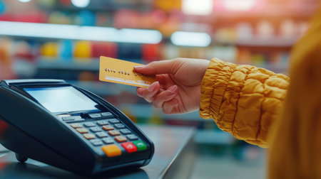 A consumer interacts with a credit card payment terminal in a retail environment, showcasing the convenience of modern shopping and digital transactions amidst colorful store displays.の素材