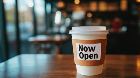 A warm cup of coffee featuring a "Now Open" sign, positioned on a wooden table in a vibrant cafe, creating an inviting atmosphere for visitors to unwind.の素材