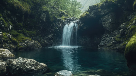 A quiet, secluded Fairy Pool on the Isle of Skye, with a cascading waterfall and lush greenery surrounding the tranquil water. No people included.の素材