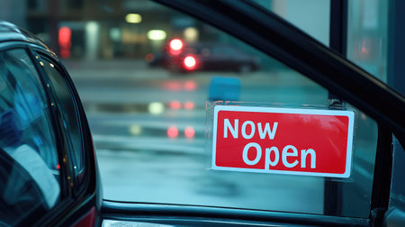 A striking red "Now Open" sign hangs inside a car window, showcasing the inviting atmosphere of a busy urban street and encouraging potential customers to visit nearby shops.の素材