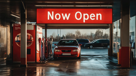 A vibrant gas station features a large "Now Open" sign, welcoming customers to refuel their vehicles. A red car waits near fuel pumps in a modern urban atmosphere.の素材