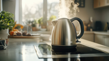 A sleek stainless steel kettle emits steam in a beautifully lit kitchen, symbolizing morning routines and the warmth of a home. Perfect for culinary needs and cozy moments.の素材