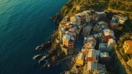Aerial view of colorful houses perched on cliffs overlooking the sea in Cinque Terre, Italy, with the Mediterranean stretching beyond. No people included.の素材