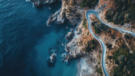Aerial view of the winding coastal path connecting the Cinque Terre villages, with the cliffs dropping off into the blue sea. No people included.の素材