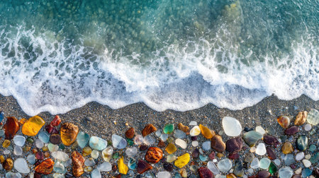 Aerial shot of the vibrant sea glass shoreline at Glass Beach, with polished fragments glistening under the sun and waves approaching. No people included.の素材