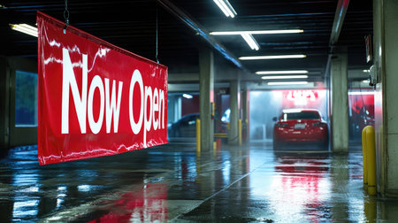 A vibrant red banner reading "Now Open" hangs in a reflective parking garage, highlighting urban architecture and a modern retail atmosphere amidst soft light effects.の素材
