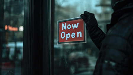 A focused view of a hand affixing a Now Open sign on a glass storefront, signifying the revival of business in an urban setting, inviting customers back inside.の素材