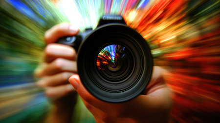 A stunning view of a camera lens held in a hand, surrounded by a swirl of vibrant colors, showcasing the dynamic essence of photography and the beauty of capturing moments.の素材