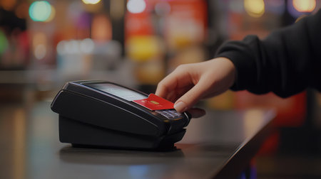 A close-up view of a hand using a credit card on a contactless payment terminal in a visually engaging retail setting, highlighting modern payment methods and consumer convenience.の素材