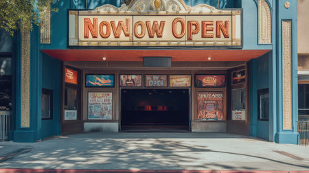 A vibrant movie theater facade featuring an illuminated sign announcing "Now Open." The welcoming entrance is surrounded by colorful posters that enhance the lively atmosphere.の素材
