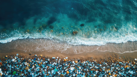 Aerial shot of the Glass Beach shoreline, with vibrant sea glass blending into the natural coastal landscape and blue waters. No people included.の素材