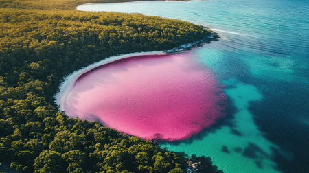 Aerial view of Hiller Lake, Australia, with vibrant pink waters contrasting against the lush green forest and blue ocean. No people included.の素材