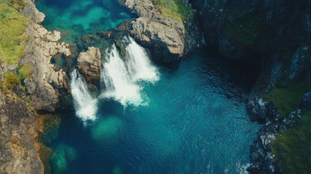 Aerial shot of the cascading waterfalls and vibrant blue Fairy Pools surrounded by the rugged beauty of the Isle of Skye. No people included.の素材