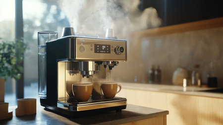 A sleek espresso machine sits on a kitchen counter, releasing steam as it brews coffee into two cups, creating a warm and inviting atmosphere perfect for morning routines.の素材