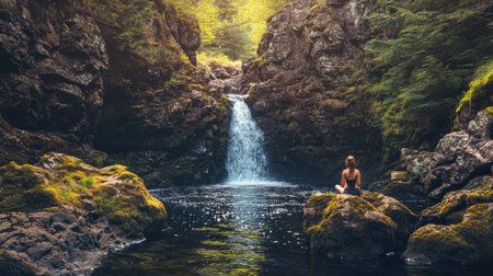 A waterfall flowing into one of the vibrant Fairy Pools, surrounded by mossy rocks and dramatic Scottish landscapes. No people included.の素材
