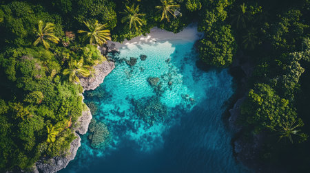 Aerial view of a tranquil lagoon in the Mamanuca Islands, surrounded by coral reefs and lush green palm trees. No people included.の素材