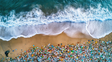 Aerial view of Glass Beach, California, with colorful sea glass covering the shoreline and waves gently washing over the coast. No people included.の素材