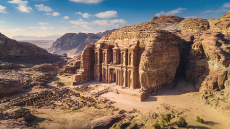Aerial view of Petra ancient city, with temples and tombs carved into the rugged mountainside, surrounded by the Jordanian desert. No people included.の素材