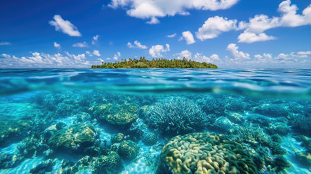 Close-up of coral reefs beneath the turquoise waters of the Mamanuca Islands, showcasing vibrant marine life. No people included.の素材