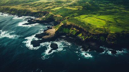Aerial view of the coastline surrounding the Giant's Causeway, with lush green hills meeting the dramatic basalt rock formations. No people included.の素材