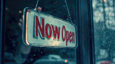 A hand elegantly holds a vintage "Now Open" sign against a rainy city backdrop, highlighting the inviting atmosphere of a welcoming business ready for customers.の素材