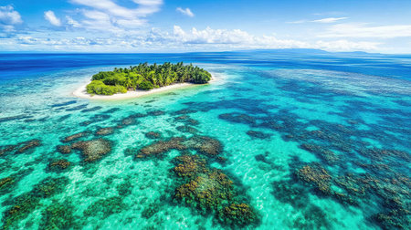 Aerial view of the stunning Mamanuca Islands, Fiji, surrounded by crystal-clear turquoise waters and vibrant coral reefs. No people included.の素材
