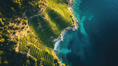 Aerial view of the steep, terraced landscape of Cinque Terre, with lush vineyards overlooking the shimmering Mediterranean. No people included.の素材