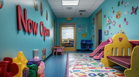 Bright and cheerful playroom designed for young children featuring colorful walls and engaging toys promoting creativity and social interaction in a safe environment.の素材