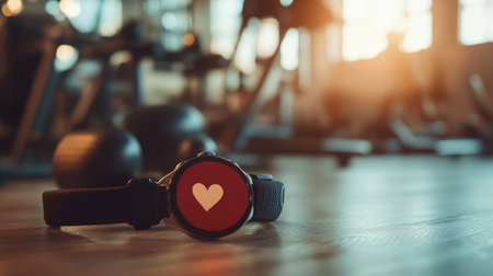 A sleek fitness tracker featuring a heart symbol rests on the gym floor, with warm sunlight illuminating the space, capturing the essence of a healthy lifestyle.の素材