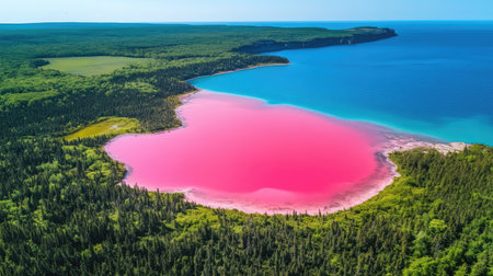Aerial view of Hiller Lake, perfectly nestled between green forest and the bright blue ocean, showcasing its distinct pink color. No people included.の素材